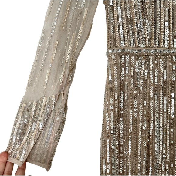 FLAWED NWT Mac Duggal Sheer Full Sequined A-Line Gown Dress in Rose Gold size 4 - Picture 5 of 13